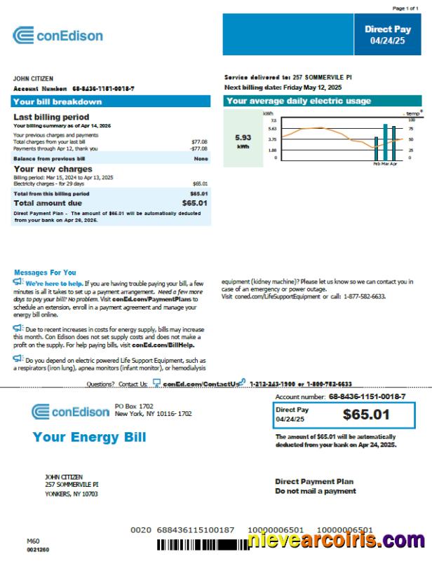 USA Conedison utility bill, version 2